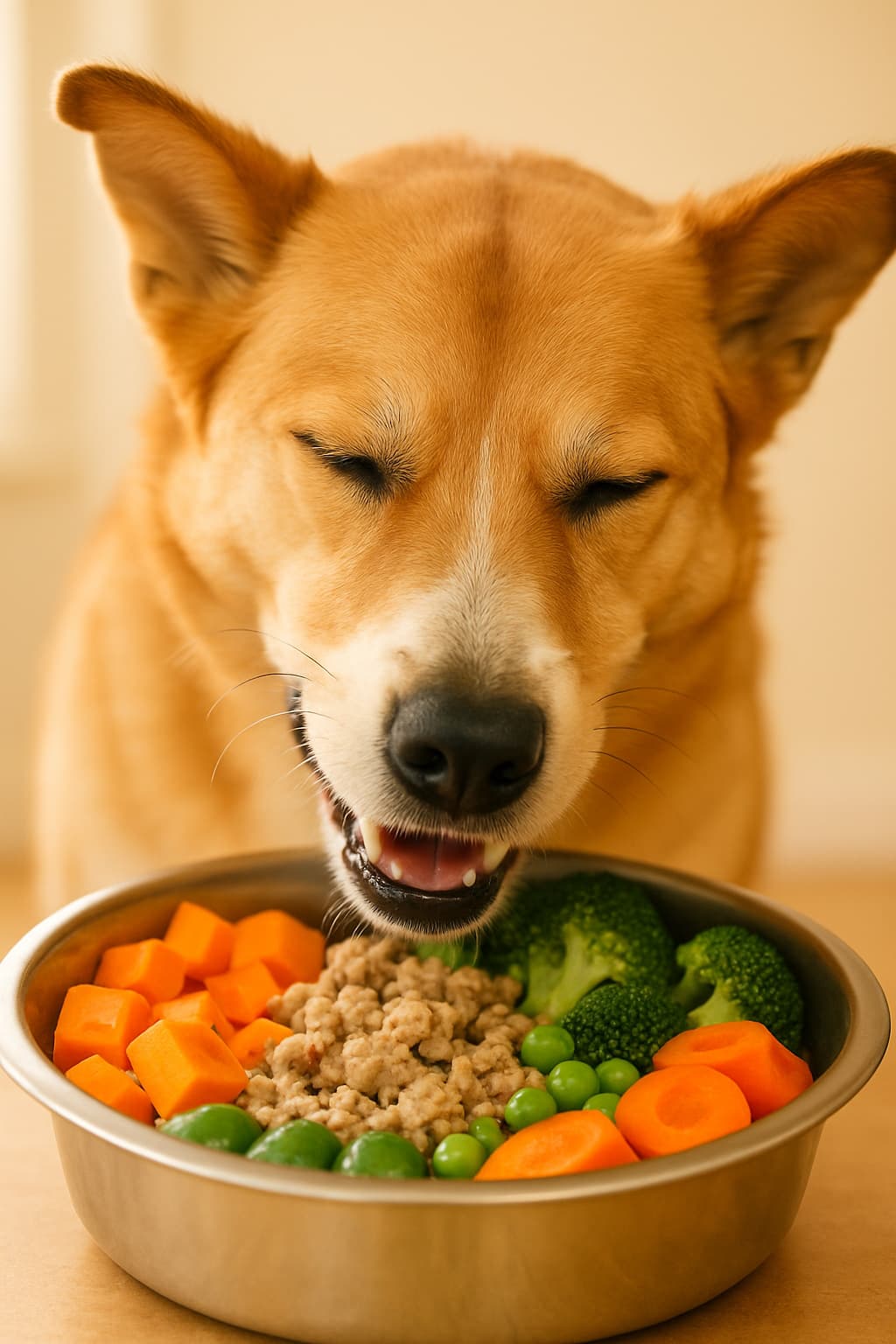 Happy dog with a bowl of food